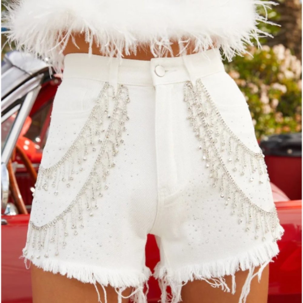 12th Tribe White Denim Rhinestone Shorts